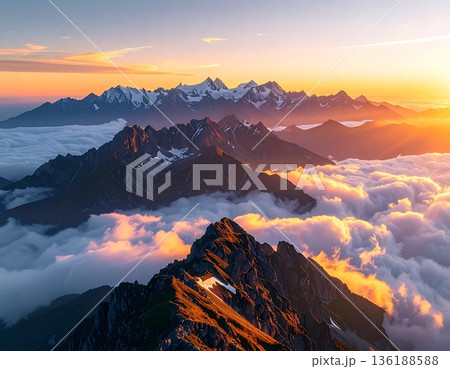 【AI生成画像】世界の大自然 朝日に染まる絶景の名峰と雲海 136188588