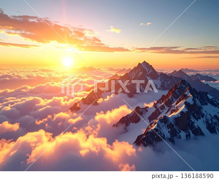 【AI生成画像】世界の大自然 朝日に染まる絶景の名峰と雲海 136188590