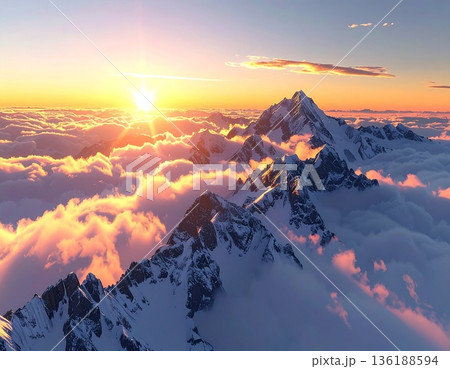 【AI生成画像】世界の大自然 朝日に染まる絶景の名峰と雲海 136188594