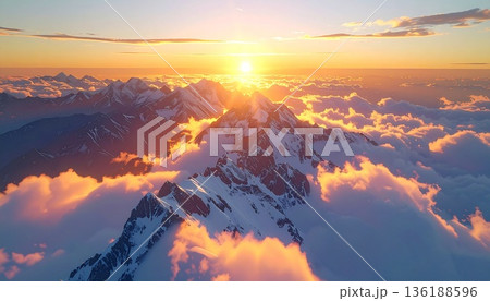 【AI生成画像】世界の大自然 朝日に染まる絶景の名峰と雲海 【AI生成画像】世界の大自然 朝日に染まる絶景の名峰と雲海 136188596