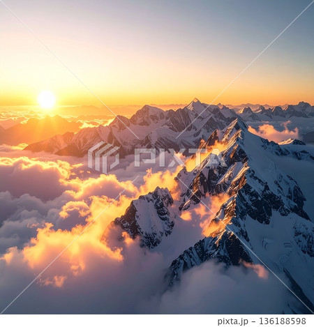 【AI生成画像】世界の大自然 朝日に染まる絶景の名峰と雲海 136188598