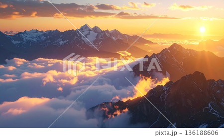 【AI生成画像】世界の大自然 朝日に染まる絶景の名峰と雲海 136188606