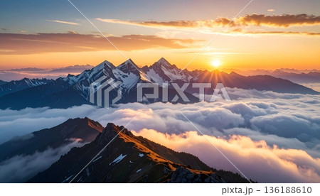 【AI生成画像】世界の大自然 朝日に染まる絶景の名峰と雲海 136188610