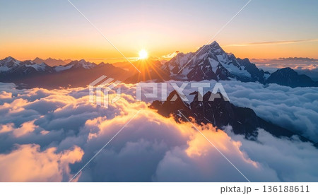 【AI生成画像】世界の大自然 朝日に染まる絶景の名峰と雲海 136188611