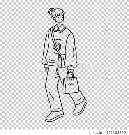 A woman in a cute and uncool casual outfit - line drawing 136188880