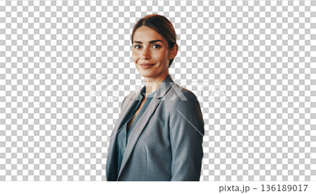 A business woman stands confidently in a sleek office environment. She is dressed in a professional suit, smiling at the camera while surrounded by glass walls and contemporary decor. A business woman stands confidently in a sleek office environment. She is dressed in a professional suit, smiling at the camera while surrounded by glass walls and contemporary decor. 136189017