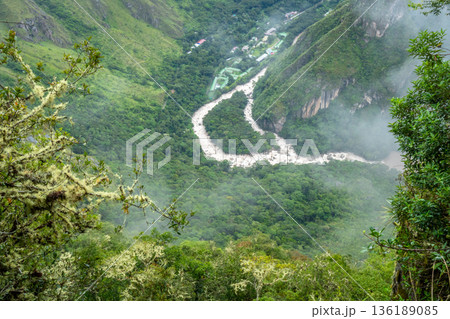 Scenic valley view from the Machu Picchu site in Peru 136189085