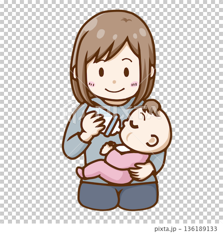哺乳瓶で授乳する母親と赤ちゃん｜穏やかな育児シーン 136189133