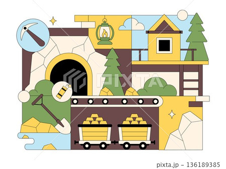 Gold Mine Vector Illustration Depicting Mining Industry Activities Featuring Treasure, Coin Piles, Jewelry, And Gemstones In Flat Cartoon Background 136189385