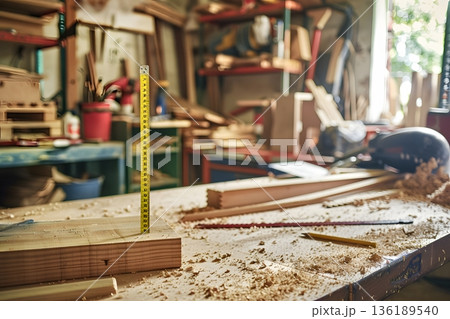 DIY木工作業途中の作業台と道具 DIY木工作業途中の作業台と道具 136189540