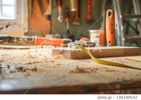 DIY木工作業途中の作業台と道具 136189542