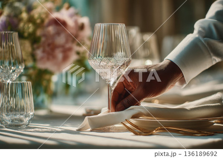 A close-up of a dark-skinned waiter setting a festive table with glasses 136189692