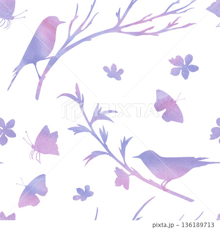 A seamless pattern with background silhouettes of birds on branches, butterflies, and flowers. Watercolor illustration for packaging design, fabric printing, interior design, and holiday decor. 136189713