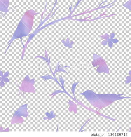 A seamless pattern with background silhouettes of birds on branches, butterflies, and flowers. Watercolor illustration for packaging design, fabric printing, interior design, and holiday decor. 136189713