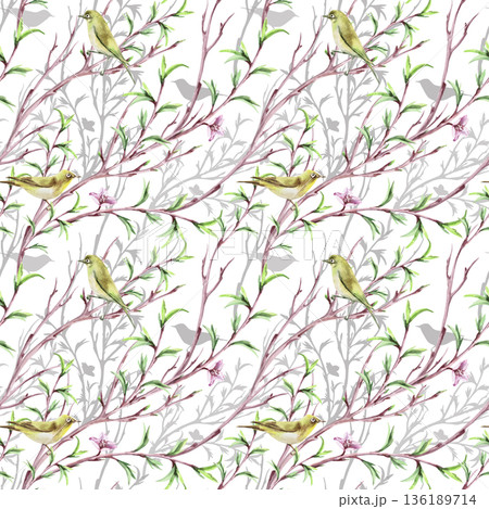 A seamless pattern with diagonal spring branches and birds on a lilac background. Watercolor illustration for packaging design, fabric printing, interior, greeting cards, holiday decor, souvenirs. 136189714
