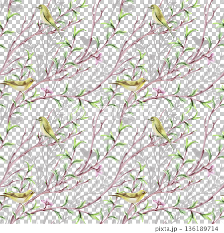 A seamless pattern with diagonal spring branches and birds on a lilac background. Watercolor illustration for packaging design, fabric printing, interior, greeting cards, holiday decor, souvenirs. 136189714