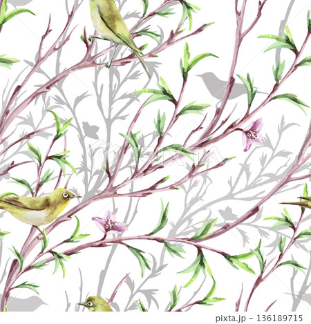 A seamless pattern with diagonal spring branches and birds. Watercolor illustration for packaging design, fabric printing, interior design, greeting cards, holiday decor, and souvenirs. 136189715