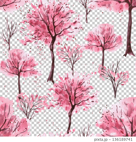 A seamless pattern with blossoming trees on a lilac background. Watercolor illustration for packaging design, fabric printing, interior design, greeting cards, holiday decor, and souvenirs. A seamless pattern with blossoming trees on a lilac background. Watercolor illustration for packaging design, fabric printing, interior design, greeting cards, holiday decor, and souvenirs. 136189741