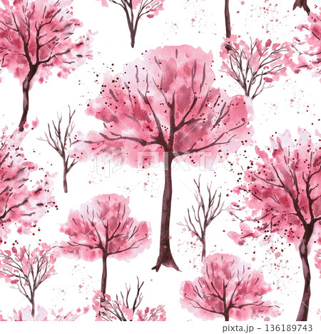 Seamless pattern with trees in bloom. Watercolor illustration for packaging design, fabric printing, interior design, greeting cards, holiday decor, and souvenirs. 136189743