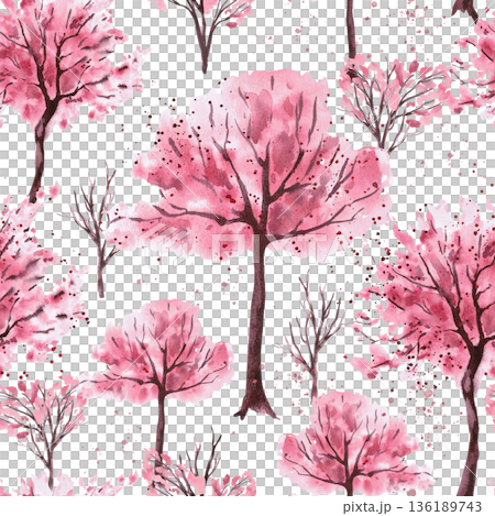 Seamless pattern with trees in bloom. Watercolor illustration for packaging design, fabric printing, interior design, greeting cards, holiday decor, and souvenirs. 136189743