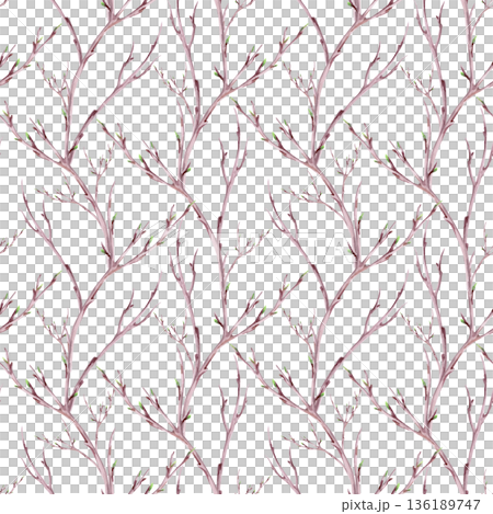 A seamless pattern with delicate branches on a blue background. Watercolor illustration for packaging design, fabric printing, interior design, greeting cards, holiday decor, and souvenirs. 136189747