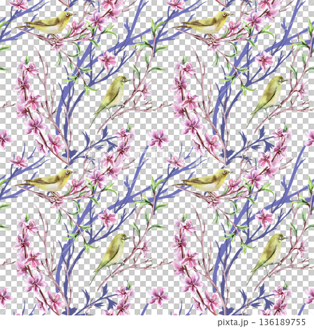 Seamless pattern with peach branches and birds on a blue background. Watercolor illustration for packaging design, fabric printing, interior design, greeting cards, holiday decor, and souvenirs. Seamless pattern with peach branches and birds on a blue background. Watercolor illustration for packaging design, fabric printing, interior design, greeting cards, holiday decor, and souvenirs. 136189755