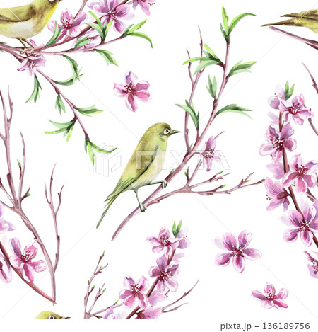 A seamless pattern with peach branches and birds on a lilac background. Watercolor illustration for packaging design, fabric printing, interior design, greeting cards, holiday decor, and souvenirs. 136189756