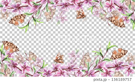 A rectangular frame with blooming peach branches and butterflies. An isolated watercolor illustration with a spring theme for greeting cards, product packaging, and interior design. A rectangular frame with blooming peach branches and butterflies. An isolated watercolor illustration with a spring theme for greeting cards, product packaging, and interior design. 136189757