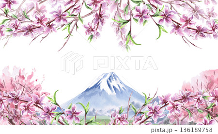 A rectangular frame with blooming peach branches and a mountain range in the background. Isolated watercolor illustration with a spring theme for greeting cards, product packaging, interior design. A rectangular frame with blooming peach branches and a mountain range in the background. Isolated watercolor illustration with a spring theme for greeting cards, product packaging, interior design. 136189758
