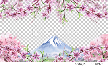 A rectangular frame with blooming peach branches and a mountain range in the background. Isolated watercolor illustration with a spring theme for greeting cards, product packaging, interior design. A rectangular frame with blooming peach branches and a mountain range in the background. Isolated watercolor illustration with a spring theme for greeting cards, product packaging, interior design. 136189758