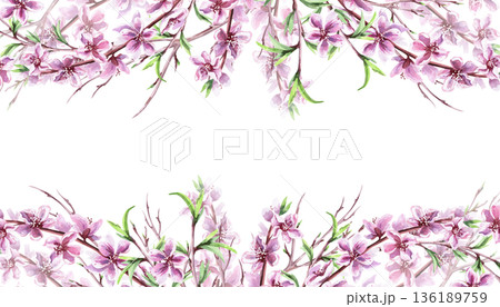 A rectangular frame with blooming peach branches. Isolated watercolor illustration with a spring theme for tableware, cards, product packaging, and interior design. A rectangular frame with blooming peach branches. Isolated watercolor illustration with a spring theme for tableware, cards, product packaging, and interior design. 136189759