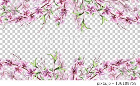 A rectangular frame with blooming peach branches. Isolated watercolor illustration with a spring theme for tableware, cards, product packaging, and interior design. A rectangular frame with blooming peach branches. Isolated watercolor illustration with a spring theme for tableware, cards, product packaging, and interior design. 136189759
