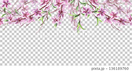 A rectangular frame with blossoming peach branches at the top. An isolated watercolor illustration with a spring theme for tableware, cards, product packaging, and interior design. A rectangular frame with blossoming peach branches at the top. An isolated watercolor illustration with a spring theme for tableware, cards, product packaging, and interior design. 136189760