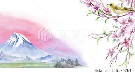 A rectangular frame with mountains against a sunrise and a bird perched on a branch. An isolated watercolor illustration with a spring theme for tableware, cards, product packaging, interior design. A rectangular frame with mountains against a sunrise and a bird perched on a branch. An isolated watercolor illustration with a spring theme for tableware, cards, product packaging, interior design. 136189761