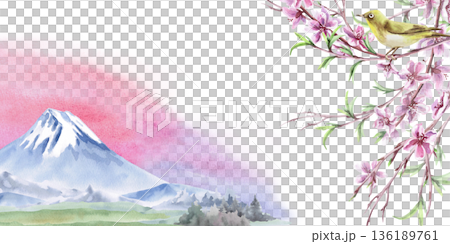 A rectangular frame with mountains against a sunrise and a bird perched on a branch. An isolated watercolor illustration with a spring theme for tableware, cards, product packaging, interior design. A rectangular frame with mountains against a sunrise and a bird perched on a branch. An isolated watercolor illustration with a spring theme for tableware, cards, product packaging, interior design. 136189761