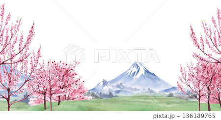 A rectangular frame with a blooming garden and mountain landscape. Isolated watercolor illustration with a spring theme for tableware, cards, product packaging, and interior design. 136189765