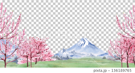 A rectangular frame with a blooming garden and mountain landscape. Isolated watercolor illustration with a spring theme for tableware, cards, product packaging, and interior design. 136189765