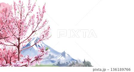 A rectangular frame with a blooming garden and mountains in the background. Isolated watercolor illustration with a spring theme for tableware, cards, product packaging, and interior design. A rectangular frame with a blooming garden and mountains in the background. Isolated watercolor illustration with a spring theme for tableware, cards, product packaging, and interior design. 136189766