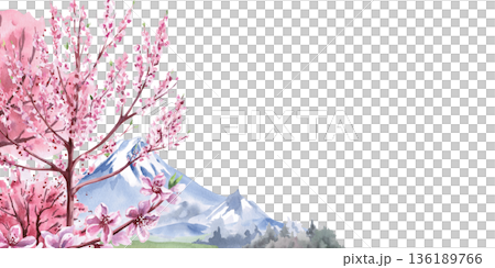 A rectangular frame with a blooming garden and mountains in the background. Isolated watercolor illustration with a spring theme for tableware, cards, product packaging, and interior design. A rectangular frame with a blooming garden and mountains in the background. Isolated watercolor illustration with a spring theme for tableware, cards, product packaging, and interior design. 136189766