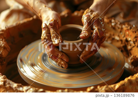 ろくろで器を成形する陶芸職人の手元と伝統クラフトの質感 136189876