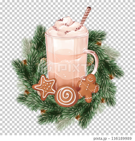 Hand drawn illustration of a glass of hot chocolate with whipped cream, gingerbread cookies and green spruce wreath on white background. Winter cozy drink for Christmas cards, seasonal cafe menu and 136189989