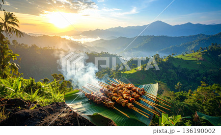 Hot Satay Skewers with Majestic Mountain Sunset Landscape Background 136190002