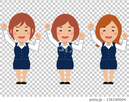 大きな身振りで応援。ネイビー事務服の若い女性 136190004