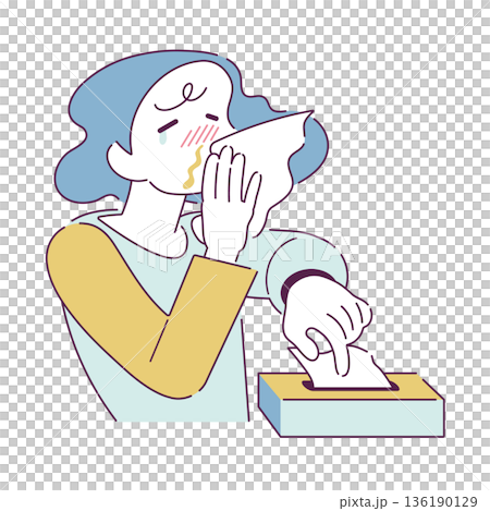 插圖描繪了一個流鼻涕、患有鼻炎、花粉症或感冒的人。 136190129