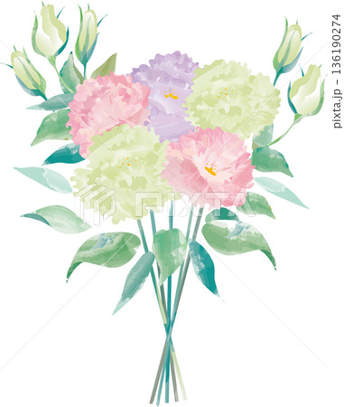 水彩で描いたトルコキキョウの花束 136190274