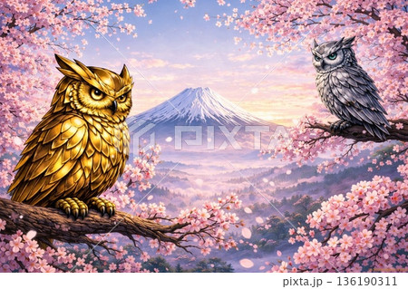 Owls and Mt. Fuji in Spring / 春の富士山と金銀のフクロウ 136190311