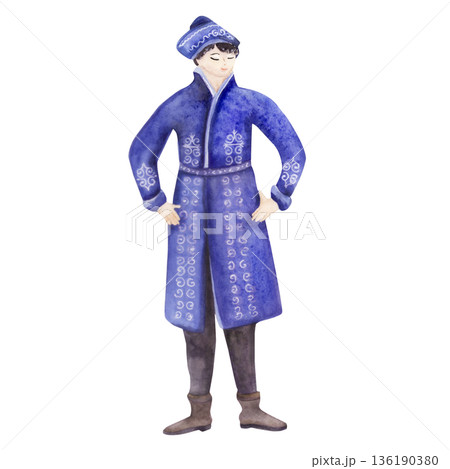 Watercolor Standing Man in Blue Traditional festive costume Coat Nowruz 136190380