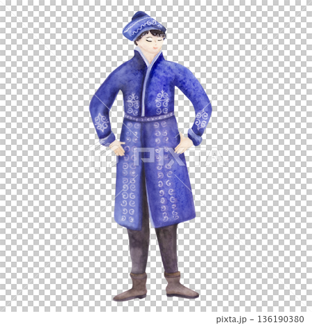 Watercolor Standing Man in Blue Traditional festive costume Coat Nowruz 136190380