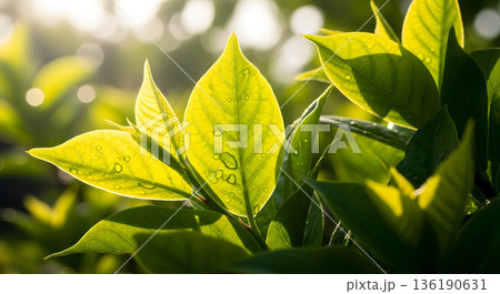 新緑 葉 水滴 光 136190631