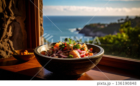 Fresh Peruvian Ceviche in Stone Bowl on Wooden Window Sill with Beautiful Pacific Ocean View, Authentic Latin American Seafood Dish 136190848